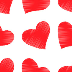 Hatched red hearts on white background seamless pattern