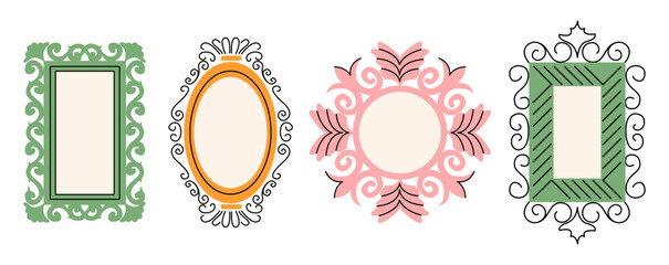 Set of various decorative Frames or borders. Different shapes. Photo or mirror frames. Vintage, retro design. Elegant, modern style. Hand drawn trendy Vector illustration isolated on background