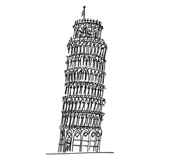 Leaning Tower of Pisa, black and white hand drawing illustration, Pisa, Italy, Europe	