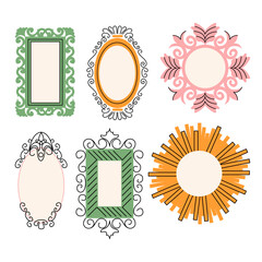 Set of various decorative Frames or borders. Different shapes. Photo or mirror frames. Vintage, retro design. Elegant, modern style. Hand drawn trendy Vector illustration isolated on background
