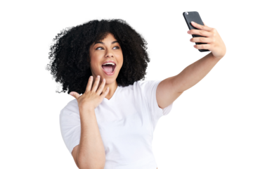 An attractive young woman using a smartphone to take selfies isolated on a PNG background.