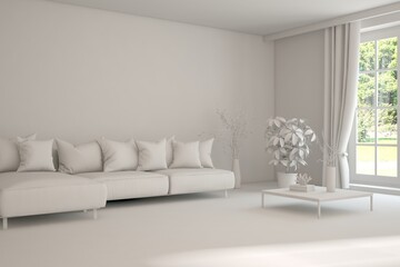 White minimalist living room with sofa. Scandinavian interior design. 3D illustration
