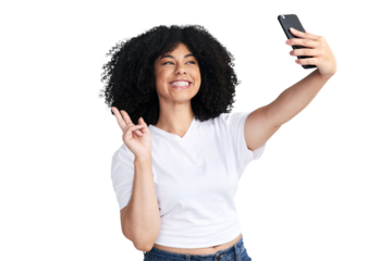 An attractive young woman using a smartphone to take selfies isolated on a PNG background.