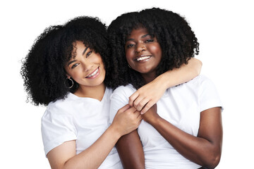 Two young women embracing each other isolated on a PNG background.