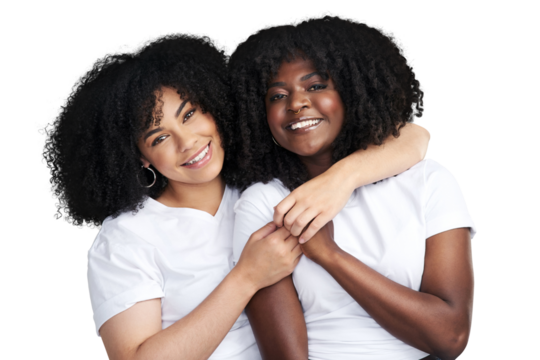 Two young women embracing each other isolated on a PNG background.