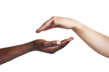 Two women reaching their hands out to each other isolated on a PNG background.