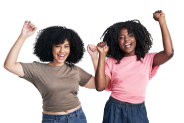 PNG studio shot of two young women cheering.
