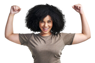PNG Studio shot of young woman flexing her biceps - obrazy, fototapety, plakaty