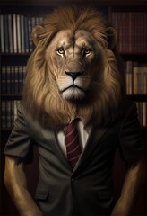 Portrait of a lion dressed in a suit in the office, animals in a suit, suit, suits, office, business, AI generator