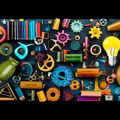Obraz premium a bright colorful collage with books, cogs, brain, lightbulb, intelligence, learning, education, 
