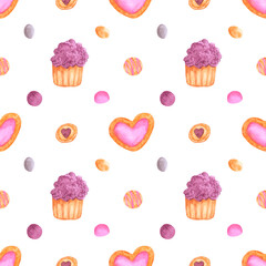 Hand drawn watercolor children sweets seamless pattern on white background. Scrapbook, lable, banner, textile, fabric.