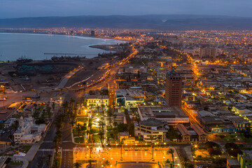 Aerial view of the city of Arica in the north of Chile before sunrise