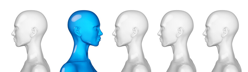 One of the figures of people in contrast is facing in the opposite direction. A sense of individuality and isolation from the crowd, or the force of pressure from the outside. 3D Illustration.