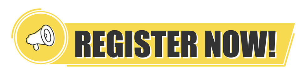 Megaphone with register now on yellow background. Megaphone banner. Web design.