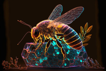 Honey bee with neon color and polygonal glass design. Generative Ai. 