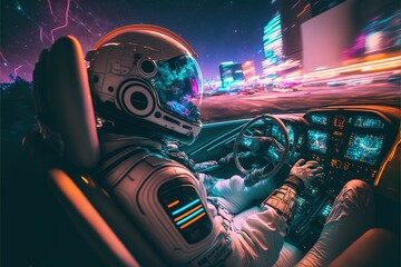 Astronaut in the cyber car in the cyber city cyberpunk with Neon RGB light effects. cyber car. astronaut in the car. supercar. Astronaut. Generative AI