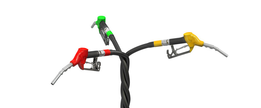 Three fuel hoses are wound together . This image is suitable for the distribution, transportation and storage of fuel. 3D Illustration. 3D Illustration. Isolated on white background.
