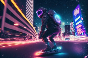 Astronaut Surfing on a hoverboard in a cyberpunk city in neon light effects. Astronaut on the skateboard. astronaut. cyberpunk. illuminated exposure blur background. Generative AI
