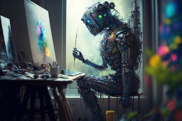 Robot drawing masterpiece on canvas ai artist generative ai