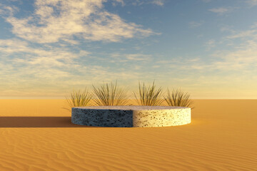 Mockup Minimal Display Podium On Sand, plants, 3D Render Background