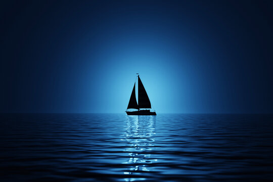 A lone silhouette sailboat on a calm blue sea. 3d render