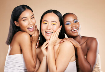Happy women, portrait smile and diverse beauty for skincare, cosmetics or makeup against a studio...