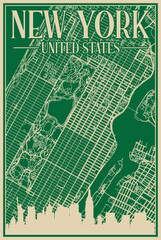 Green hand-drawn framed poster of the downtown NEW YORK, UNITED STATES OF AMERICA with highlighted vintage city skyline and lettering