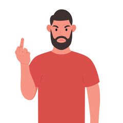 Bearded man showing off middle fingers. Obscene gesture. Vector illustration.