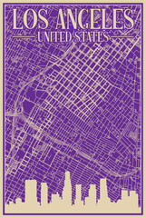 Purple hand-drawn framed poster of the downtown LOS ANGELES, UNITED STATES OF AMERICA with highlighted vintage city skyline and lettering