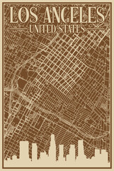 Brown hand-drawn framed poster of the downtown LOS ANGELES, UNITED STATES OF AMERICA with highlighted vintage city skyline and lettering