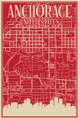 Red hand-drawn framed poster of the downtown ANCHORAGE, UNITED STATES OF AMERICA with highlighted vintage city skyline and lettering