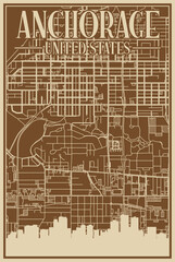 Fototapeta na wymiar Brown hand-drawn framed poster of the downtown ANCHORAGE, UNITED STATES OF AMERICA with highlighted vintage city skyline and lettering