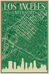 Green hand-drawn framed poster of the downtown LOS ANGELES, UNITED STATES OF AMERICA with highlighted vintage city skyline and lettering