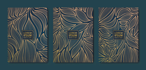 Vector japanese leaves art deco patterns. Floral golden elements template in vintage style. Luxury black line covers, flyers, brochures, packaging design, social media post, banners.