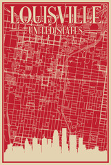 Red hand-drawn framed poster of the downtown LOUISVILLE, UNITED STATES OF AMERICA with highlighted vintage city skyline and lettering