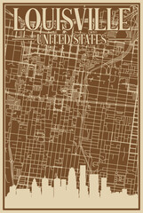Brown hand-drawn framed poster of the downtown LOUISVILLE, UNITED STATES OF AMERICA with highlighted vintage city skyline and lettering