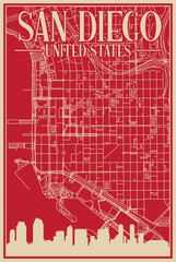 Red hand-drawn framed poster of the downtown SAN DIEGO, UNITED STATES OF AMERICA with highlighted vintage city skyline and lettering