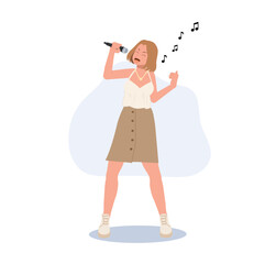 Woman Singer. woman with microphone is singing. Flat vector illustration.