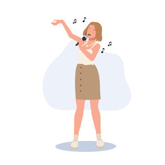 Woman Singer. woman with microphone is singing. Flat vector illustration.