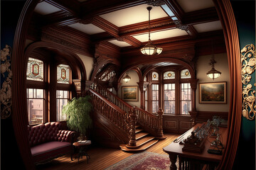 Dark gothic mansion victorian style interior with staircase and lamp holders design - obrazy, fototapety, plakaty