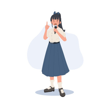 Education concept. Thai stident girl tailking with microphone. vector illustration