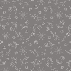 Cute seamless repeat pattern with cheerful dog and flowers on a gray background, positive motif. Hand drawn dog, sun and flowers in pattern for textile, wrapping paper and packaging design.