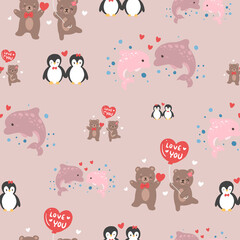 cute penguins, whales and bears animals in love valentine day seamless pattern soft pink background