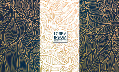 Set of vector design elements: labels, frames, wedding invitations, social net stories, packaging, luxury products, perfume, soap, wine. Line golden backgrounds, floral patterns with leaves.