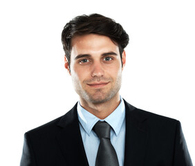 Face, businessman and leader in studio with future vision while standing on white background. Portrait, handsome and young entrepreneur motivated by startup goal, idea and mindset while isolated