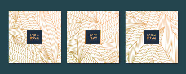 Vector set of abstract luxury golden with white square cards, post templates for social net, leaves botanical modern, art deco wallpaper background. Pattern, texture for print, packaging design