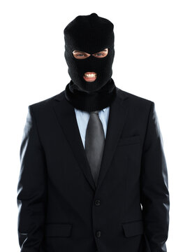 Corporate, crime and mask portrait of businessman hiding identity for criminal behaviour. Worker corruption with balaclava for theft and scam in isolated studio with white background.