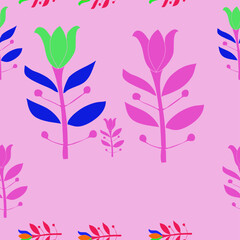 Fototapeta na wymiar Seamless stylized colored lilly, leaves . Hand drawn.