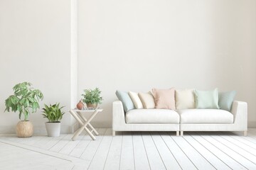 White living room with sofa. Scandinavian interior design. 3D illustration