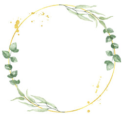 Delicate greenery wreath with a gold hoop. Watercolor green leaf and foliage frame. Botanical painting. PNG clipart with transparent background.